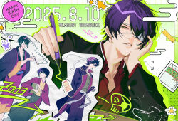 Rule 34 | 1boy, aged down, black hair, black jacket, brown kimono, character name, closed eyes, closed mouth, collared shirt, commentary request, dated, dress shirt, egasumi, eyepatch, gintama, green eyes, grey hakama, grey shirt, hair over one eye, hakama, hakama skirt, happy birthday, highres, holding, holding pen, holding smoking pipe, jacket, japanese clothes, kimono, kiseru, long sleeves, male focus, medical eyepatch, multiple views, open clothes, open jacket, pants, pen, purple hair, purple jacket, purple kimono, purple pants, red shirt, riz3, shirt, skirt, smoking pipe, takasugi shinsuke, wide sleeves
