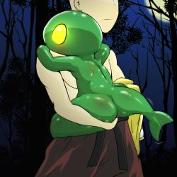 androgynous ass bare_pectorals carrying colored_skin cottontail final_fantasy furry gender_request green_skin hakama hakama_skirt highres japanese_clothes moon nude pectorals skirt square_enix tail tonberry tree yellow_eyes