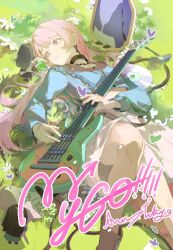 Rule 34 | bang dream!, bang dream! it&#039;s mygo!!!!!, black choker, blue shirt, boots, chihaya anon, choker, djzmgybj, electric guitar, flat chest, grass, grey eyes, guitar, holding, holding instrument, instrument, long hair, lying, music, mygo!!!!! (bang dream!), on grass, pink hair, playing instrument, prs guitars, shirt, skirt, solo, solo focus, white skirt