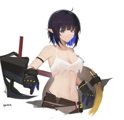 1girl ahoge arknights bajigurr bare_shoulders black_gloves black_hair blue_eyes blue_hair breasts bright_pupils camisole cleavage collarbone colored_inner_hair crop_top cropped_legs earrings eunectes_(arknights) eunectes_(forgemaster)_(arknights) gloves halterneck highres jewelry linea_alba looking_at_viewer medium_breasts midriff multicolored_hair navel official_alternate_costume pointy_ears short_hair simple_background solo torn_clothes white_background white_camisole white_pupils