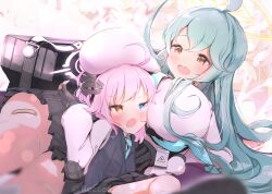 Rule 34 | 2girls, absurdres, abydos high school logo, ahoge, aqua hair, aqua necktie, bag, bandaid, bandaid on thigh, blue archive, blue eyes, blue hair, blue necktie, blurry, blurry foreground, blush, breasts, bulletproof vest, depth of field, hair between eyes, halo, heterochromia, highres, hoshino (blue archive), hoshino (first year) (blue archive), huge ahoge, large breasts, long hair, long sleeves, multiple girls, necktie, open mouth, pink hair, pink halo, sakurano rocco, school uniform, shirt, skirt, smile, utility vest, vest, white shirt, yellow eyes, yellow halo, yume (blue archive)