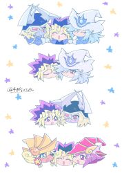2boys 3girls apple_magician_girl blonde_hair chibi closed_eyes duel_monster fake_horns green_eyes grey_hair hair_over_one_eye hat helmet highres horned_helmet horns lemon_magician_girl mi_manu1950 multicolored_hair multiple_boys multiple_girls multiple_views muto_yugi open_mouth purple_eyes purple_hair red_hat silent_magician silent_swordsman simple_background smile white_background white_hat wizard_hat yellow_hat yu-gi-oh! yu-gi-oh!_the_dark_side_of_dimensions