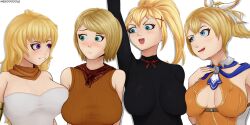 ashley_graham blonde_hair blue_eyes bodysuit breast_press breasts cardigan cassandra_alexandra cleavage_cutout cleavage_window clothing_cutout darkness_(konosuba) green_eyes highres kono_subarashii_sekai_ni_shukufuku_wo! large_breasts neck_ribbon neckerchief purple_eyes resident_evil resident_evil_4 ribbon rwby soul_calibur soulcalibur soulcalibur_vi tank_top weirddoddle yang_xiao_long