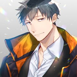 1boy bags_under_eyes black_jacket closed_mouth collared_shirt fate/grand_order fate_(series) grey_background grey_hair hagiography high_collar highres jacket looking_at_viewer male_focus saitou_hajime_(fate) shirt short_hair solo upper_body