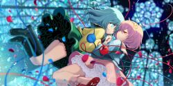 2girls blue_petals blue_shirt blurry boots closed_mouth commentary depth_of_field english_commentary eyeball falling_petals floral_print frilled_shirt_collar frilled_sleeves frills game_cg green_eyes green_hair green_skirt hair_ornament hairband heart heart_hair_ornament heart_of_string highres holding_hands interlocked_fingers komeiji_koishi komeiji_satori long_sleeves minamura_haruki multiple_girls no_headwear official_art petals petticoat pink_eyes pink_hair pink_skirt red_petals red_slippers ribbon-trimmed_collar ribbon_trim rose_print shirt siblings skirt slippers smile socks stained_glass third-party_source third_eye touhou touhou_lostword wide_sleeves yellow_shirt