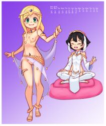 2020 20s 2girls absurdres anklet armlet black_hair blonde_hair blush bracelet breasts breasts_out calendar choker closed_eyes collarbone cushion dancer dated digimon digimon_frontier drantyno dress gold_footwear gradient_background green_eyes grin hairband harem_outfit highres jewelry loli long_hair long_sleeves looking_at_viewer may megu_(ryuhi) multiple_girls navel nipples no_panties open_mouth orimoto_izumi purple_background pussy sandals short_hair showgirl_skirt sitting small_breasts smile standing teeth thighhighs thighlet tiara topless_female veil white_dress white_thighhighs wide_sleeves