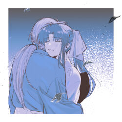 1boy 1girl border clenched_teeth closed_eyes couple crying falling_leaves geolu gradient_background hair_ribbon hetero himura_kenshin hug japanese_clothes kamiya_kaoru leaf long_hair long_sleeves low_ponytail parted_bangs parted_lips ponytail ribbon rurouni_kenshin sidelocks teeth upper_body white_border