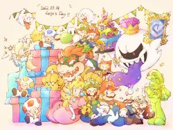 baby_luigi baby_mario blonde_hair blue_eyes boo_(mario) bowser box brown_hair chi_nya_nya_nya crown fangs ghost gift gift_box gooigi hat king_boo luigi luigi&#039;s_mansion luigi&#039;s_mansion_3 luma_(mario) mario mario_&amp;_luigi_rpg mario_&amp;_luigi:_bowser&#039;s_inside_story mario_&amp;_luigi:_dream_team mario_&amp;_luigi_rpg mario_(series) nintendo overalls paper_mario poltergust_g-00 polterpup prince_dreambert princess_peach professor_elvin_gadd ribbon rosalina smile starlow super_star_(mario) super_mario_bros._1 super_mario_world_2:_yoshi&#039;s_island super_paper_mario tippi_(paper_mario) toad_(mario) tongue tongue_out wand yoshi