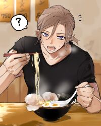 1boy :o a3! black_shirt blurry blurry_background blush bowl brown_hair char-siu chopped_spring_onion chopsticks ear_piercing eating food hair_between_eyes highres holding holding_chopsticks holding_spoon hunched_over kesiks0616 looking_at_viewer male_focus nori_(seaweed) notice_lines open_mouth piercing ponytail purple_eyes ramen_ladle restaurant settsu_banri shirt short_hair short_sleeves softboiled_egg solo spoon steam sweat t-shirt table teeth upper_body v-neck wooden_wall