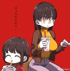 2girls :o ^_^ big_sister_(navigavi) breasts brown_hair brown_jacket closed_eyes cowboy_shot cup disposable_cup drinking drinking_straw drinking_straw_in_mouth grey_pants highres holding holding_cup jacket jun_(navigavi) large_breasts little_sister_(navigavi) long_hair multiple_girls original pants red_background red_shirt revenge shirt siblings sisters tearing_up upper_body yellow_eyes yellow_shirt
