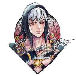 Rule 34 | 1boy, 6+others, black hood, black sclera, blood, blood on clothes, blood on hands, closed mouth, colored sclera, commentary, cropped torso, english commentary, grey hair, jojo no kimyou na bouken, male focus, metallica (stand), multiple others, painting (medium), parted bangs, portrait, red eyes, risotto nero, si3art, signature, solo, stand (jojo), traditional media, vento aureo, watercolor (medium), white background