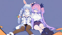 2girls animal_ears black_ribbon blue_eyes blue_hair blush bra_over_clothes braid breasts carrot carrot_hair_ornament center-flap_bangs closed_mouth clothing_cutout flower flower_field food-themed_hair_ornament fur-trimmed_gloves fur_scarf fur_trim gloves hair_ornament hair_ribbon hololive hololive_dev_is kikirara_vivi large_breasts long_hair looking_at_another multicolored_hair multiple_girls nekonui on_ground pantyhose personality_switch pink_hair purple_arm_warmers purple_hair purple_sleeves rabbit_ears rabbit_girl ribbon shorts shoulder_cutout simple_background sitting sunflower sunflower_field sunlight sunset thigh_cutout thighhighs twin_braids twintails two-tone_hair usada_pekora usada_pekora_(1st_costume) very_long_hair virtual_youtuber