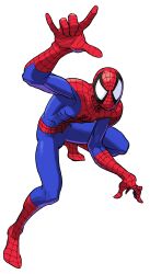 1990s_(style) 1998 1boy absurdres bengus bodysuit capcom game_cg highres looking_at_viewer marvel marvel_vs._capcom mask no_pupils non-web_source official_art retro_artstyle spider-man spider-man_(series) spider_web_print squatting superhero_costume two-tone_bodysuit western_comics_(style)