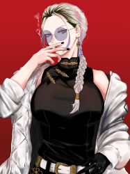 Rule 34 | 1girl, absurdres, braid, glasses, gokurakugai, highres, jacket, knew nothing, long hair, looking at viewer, old, old woman, round eyewear, single braid, smoking, solo, tao (gokurakugai), white hair, white jacket