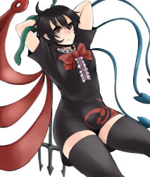 1girl ahoge arms_behind_head asymmetrical_wings black_dress black_hair black_thighhighs blue_wings bow bowtie breasts brown_eyes buttons center_frills closed_mouth commentary_request cowboy_shot dress frills hanemikakko holding holding_polearm holding_weapon houjuu_nue looking_at_viewer pointy_ears polearm red_bow red_bowtie red_wings short_dress short_hair short_sleeves simple_background small_breasts smile snake solo thighhighs tomoe_(symbol) touhou trident weapon white_background wings zettai_ryouiki