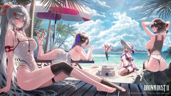 Rule 34 | 5girls, absurdres, arms behind head, ass, ball, beach, beach chair, beach umbrella, beachball, bikini, bird, black bodysuit, black choker, bodysuit, boulder, braid, breasts, brown dust (series), brown dust 2, brown hair, chair, character request, choker, commentary request, copyright notice, covering privates, earrings, flip-flops, flower, grey hair, hair ribbon, hands in own hair, hat, hat flower, highres, in water, jewelry, knee wrap, korean commentary, large breasts, lens flare, load bearing vest, logo, long hair, lying, mochirong, mountain, multiple girls, nail polish, nude, nude cover, on stomach, one-piece swimsuit, outdoors, palm leaf, palm tree, ponytail, purple bikini, red eyes, red ribbon, ribbon, sand castle, sand sculpture, sandals, scrunchie, seagull, seiza, short hair, side-tie bikini bottom, single thighhigh, sitting, skindentation, standing, strappy heels, sun hat, swimsuit, thigh strap, thighhighs, tree, trowel, twin braids, umbrella, very long hair, wading, whistle, whistle around neck, white flower, white one-piece swimsuit, wooden chair, wrist scrunchie, yellow eyes