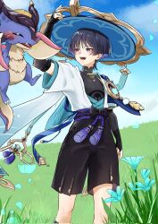 1boy anemo_symbol_(genshin_impact) animal_print aqua_flower aqua_kimono aqua_petals aqua_sleeves arm_at_side arm_up armor belt bird_print black_belt black_bodysuit black_bow black_bridal_gauntlets black_hair black_shorts blue_gemstone blue_hat blue_sky blunt_ends blush bodysuit bow bridal_gauntlets choppy_bangs cloud cloudy_sky colored_inner_hair dragon eyeliner eyeshadow falling_petals feathers flower furisode gem genshin_impact glint gold gold_ring grass hakama hakama_shorts hat highres hip_vent japanese_armor japanese_clothes jingasa juban kimono kote kurokote layered_sleeves looking_at_animal makeup male_focus mandarin_collar middle_ring mini_durin_(dragon)_(genshin_impact) mini_durin_(genshin_impact) multicolored_hair open_clothes open_kimono open_mouth outdoors petals pleated_shorts pom_pom_(clothes) purinigax purple_eyes purple_hair purple_rope purple_sash red_eyeliner red_eyeshadow rope sash scaramouche_(genshin_impact) short_sleeves shorts shoulder_peek sky small_dragon standing tassel teeth tongue wanderer_(genshin_impact) white_kimono white_sleeves yellow_feathers