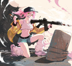 1girl absurdres asahina_yoko bare_shoulders breasts cape collarbone crop_top crop_top_overhang explosive full_body grenade grenade_pin_in_mouth highres holding holding_weapon jacket leg_warmers long_hair looking_at_viewer medium_breasts navel nitro_express pink_hair shinebell shoes shorts sitting sneakers solo stomach underboob weapon weapon_request yellow_eyes yellow_jacket