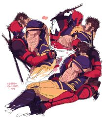 2boys bara beard blush bodysuit boots brown_hair couple deadpool deadpool_&amp;_wolverine deadpool_(series) facial_hair gloves hand_on_another&#039;s_face heart katana kiss large_pectorals looking_at_another male_focus marvel marvel_cinematic_universe mask multiple_boys muscular muscular_male pectorals ppoooooolvrmm red_bodysuit red_mask short_hair sitting sitting_on_lap sitting_on_person superhero_costume sword sword_on_back two-tone_bodysuit weapon weapon_on_back wolverine_(x-men) x-men yaoi yellow_bodysuit