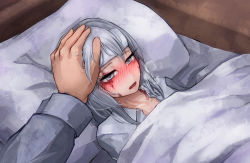 1girl blush breath burn_scar commentary dorei_to_no_seikatsu_~teaching_feeling~ dress_shirt half-closed_eyes hand_on_another&#039;s_head long_hair looking_at_viewer lying official_art on_bed parted_lips ray-k scar shirt sick grey_eyes silver_hair solo_focus sweat nervous_sweating sylvie_(dorei_to_no_seikatsu) towel towel_on_head under_covers