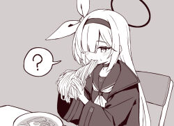 1girl ai-generated_art_(topic) ai_drawing_anime_characters_eating_ramen_(meme) black_choker black_hairband black_serafuku blue_archive choker grey_background greyscale hair_over_one_eye hairband halo highres looking_at_viewer meme monochrome neckerchief one_eye_covered plana_(blue_archive) school_uniform serafuku simple_background solo white_hair white_neckerchief yusang