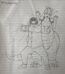 1boy 1girl alien antennae black_hair bob_cut costume dandadan electricity glasses height_difference holding leotard lizard_tail paper power_suit roaring saintdumos sakata_kinta school_uniform shoes short_hair sketch sparkle star_(symbol) straight_hair tail traditional_media vamola_(dandadan)