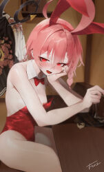 1girl absurdres animal_ear_hairband animal_ears bare_arms bare_shoulders black_halo blue_archive blush bow bowtie braid detached_collar fake_animal_ears hair_between_eyes hairband halo hand_on_own_face highleg highleg_leotard highres leotard neru_(blue_archive) neru_(bunny)_(blue_archive) not_forever2w official_alternate_costume open_mouth playboy_bunny rabbit_ear_hairband rabbit_ears red_bow red_bowtie red_eyes red_hair red_hairband red_leotard short_hair single_braid sitting solo strapless strapless_leotard sweat