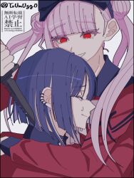 black_bow black_hairband black_headband bow brother_and_sister closed_eyes closed_mouth crying ear_piercing earrings eyelashes hair_bow hairband headband highres holding holding_knife holding_weapon jewelry kako-g_(hundred_line) knife open_mouth piercing pink_hair purple_hair red_eyes siblings smile tears the_hundred_line_-last_defense_academy- tsukumo_ima tsukumo_kako twins twintails weapon