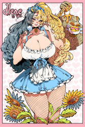 1girl bee blonde_hair blush border breasts bug choker cleavage collarbone dress fishnet_pantyhose fishnets flower frilled_dress frills grey_hair hands_up heart heart-shaped_eyes heart_background highres honey huge_breasts insect kafun lips long_hair looking_at_viewer maid_headdress multicolored_hair original outside_border pantyhose parted_lips pink_background pink_border simple_background solo strap_lift sunflower two-tone_hair