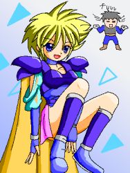 Rule 34 | 1boy, 1girl, armor, benjamin (ffmq), blonde hair, blue eyes, boots, cape, choker, elbow gloves, faye, final fantasy, final fantasy mystic quest, fingerless gloves, gloves, lowres, murasaki2007, open mouth, short hair, shoulder pads