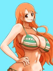 1girl bikini blue_background breasts brown_eyes closed_mouth cutterhappa earrings green_bikini hand_on_own_hip highres huge_breasts jewelry long_hair looking_at_viewer nami_(one_piece) nami_(one_piece)_(return_to_sabaody) navel one_piece orange_hair shoulder_tattoo side-tie_bikini_bottom simple_background smile strap_gap striped_bikini striped_clothes swimsuit tattoo tongue tongue_out