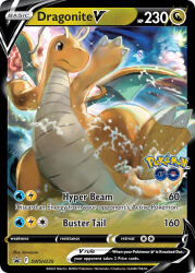 artist_name card_(medium) character_name claws closed_mouth company_name copyright_logo copyright_name copyright_notice dragon dragon_wings dragonite english_text gen_1_pokemon kawaguchi_youhei nintendo no_humans nostrils official_art pokemon pokemon_(creature) pokemon_card pokemon_focus pokemon_go pokemon_tcg solo sparkle third-party_source trading_card water wings