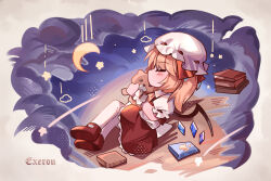 1girl ascot blonde_hair blush book bow chibi crescent_moon crystal crystal_wings flandre_scarlet full_body hat hat_ribbon highres holding looking_at_viewer mary_janes mob_cap moon puffy_short_sleeves puffy_sleeves red_eyes red_skirt ribbon shirt shoes short_hair short_sleeves side_ponytail sitting skirt sleeping socks solo top-exerou touhou wings wrist_cuffs