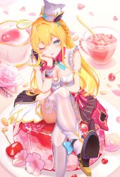 1girl :p absurdres ankle_bow ankle_ribbon aqua_eyes arm_under_breasts bare_shoulders black_shoes blonde_hair blush bow bow_skirt braid breasts chef_hat cherry cleavage commentary_request cowlick crossed_legs cup dessert dress escoffier_(genshin_impact) flower food fork_hair_ornament frilled_dress frills fruit gelatin genshin_impact gold_trim hair_between_eyes hand_on_own_face hat high_heels highres long_hair looking_at_viewer medium_breasts one_eye_closed petals pink_flower pink_rose plate red_bow ribbon rose shoes shou_choujin_juntuan side_braid sitting skirt solo strawberry thighhighs thighs tongue tongue_out white_dress white_thighhighs wrist_cuffs