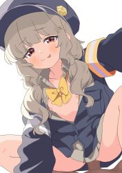 1girl :p absurdres aoba_(blue_archive) armband badge blue_archive brown_eyes brown_hair censored collarbone commentary_request cowgirl_position flat_chest hair_between_eyes hair_ornament hat highres loli looking_at_viewer low_twintails mosaic_censoring myapanpan penis pov reaching reaching_towards_viewer ribbon school_uniform sex simple_background spread_legs straddling tongue tongue_out twintails white_background