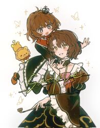 2girls black_dress blush brown_hair crown dress frilled_dress frills highres holding holding_smoking_pipe imminent_hug kkuang maria_(umineko) multiple_girls open_mouth sakutarou_(umineko) short_hair smile smoking_pipe sparkle spoilers umineko_no_naku_koro_ni ushiromiya_maria white_background yasu_(umineko) yellow_eyes