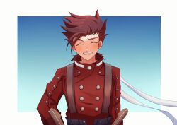 1boy blue_background blush brown_hair buttons closed_eyes grin highres lloyd_irving long_sleeves male_focus mero17npa22 red_shirt scabbard sheath shirt smile spiked_hair suspenders tales_of_(series) tales_of_symphonia