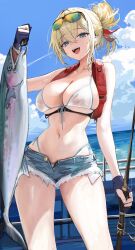 Rule 34 | 1girl, absurdres, animal, bikini, bikini under shorts, blonde hair, blue eyes, blue gloves, blue sky, breasts, commentary, cowboy shot, denim, denim shorts, eyewear on head, fish, fishing rod, gloves, hair between eyes, hair bun, hair ribbon, highres, holding, holding animal, holding fish, holding fishing rod, large breasts, lillly, lillly (character), looking at viewer, making-of available, micro shorts, navel, ocean, open mouth, original, outdoors, partially fingerless gloves, red ribbon, ribbon, shorts, side-tie bikini bottom, sky, solo, standing, stomach, sunglasses, swimsuit, teeth, tinted eyewear, upper teeth only, white bikini