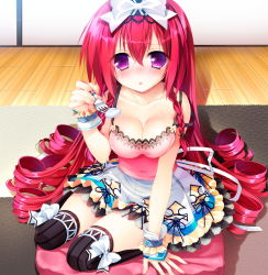 1girl black_legwear blush braid breasts carpet cleavage embarrassed female_focus fork game_cg hair_ribbon highres large_breasts legs long_hair looking_at_viewer mayoeru_futari_to_sekai_no_subete_love_heaven_300_percent mizunomiya_nana pillow purple_eyes red_hair ribbon sitting skirt solo thighs wavy_hair wooden_floor youta