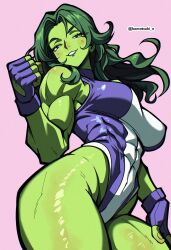 1girl absurdres artist_name colored_skin female_focus fingerless_gloves gloves green_hair green_skin highres komatsuki_n leotard long_hair looking_at_viewer marvel purple_gloves she-hulk solo thick_thighs thighs