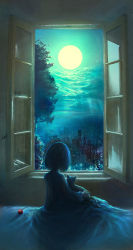 00 1girl animal animal_on_lap bed bed_sheet blue_theme box cat cat_on_lap city city_lights cityscape cloud dark facing_away female_focus from_behind full_moon heart heart-shaped_box highres horizon indoors light_particles long_sleeves moon moonlight night night_sky ocean on_bed on_lap open_window original scenery short_hair sitting sky solo tree water window