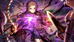 Rule 34 | aura, blue hair, brown eyes, brown hair, earrings, facial tattoo, game cg, holding, holding weapon, horns, idolmaster, idolmaster million live!, idolmaster million live! theater days, jewelry, kitazawa shiho, magic, matsuda arisa, nakatani iku, nanao yuriko, navel, official art, open mouth, profile, takayama sayoko, tattoo, weapon