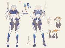 1girl arekara4nen ass bodysuit breasts reference_sheet grey_hair gun high_heels large_breasts looking_at_viewer multiple_views simple_background skin_tight smile standing unfinished weapon