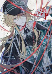 absurdres alcohol belt blonde_hair blue_eyes brooch cup drinking_glass gloves hat highres jewelry lars_rorschach lars_rorschach_(infinite_empire) looking_at_viewer lovebrush_chronicles low_ponytail military_hat military_uniform ponytail red_ribbon ribbon smile tassel wine wine_glass z6