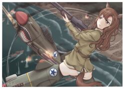 1girl aircraft animal_ears beach blurry blurry_background brown_eyes brown_hair explosion firing grace_maitland_steward green_jacket gun highres holding holding_gun holding_weapon horse_ears horse_girl horse_tail jacket long_hair luminous_witches military military_uniform military_vehicle no_pants ocean outdoors p-40_warhawk panties shikabiscuit ship shotgun soldier solo_focus striker_unit tail underwear war watercraft weapon white_panties world_witches_series