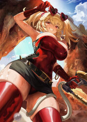 1girl absurdres alternate_costume belt black_belt blonde_hair blue_sky breasts burnice_white clenched_teeth cloud cowboy_shot earrings elbow_gloves eyewear_on_head flamethrower from_below gloves gluteal_fold hair_between_eyes highres holding holding_flamethrower holding_weapon jewelry large_breasts long_hair red_eyes red_gloves red_thighhighs s samurai_hongzao sidelocks sky sleeveless smile spiked_belt strapless sunlight sweat teeth thighhighs tube tube_top weapon zenless_zone_zero