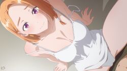 1boy 1girl arm_support artist_logo bra breasts camisole commentary dutch_angle from_above furrowed_brow grey_bra grey_pants highres indoors keihh large_breasts logo looking_at_viewer medium_hair orange_hair paid_reward_available panties pants pov purple_eyes reclining shiunji-ke_no_kodomotachi shiunji_banri sitting solo_focus spread_legs strap_slip thighs underwear white_camisole white_panties