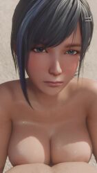 1boy 1girl 3d animated black_hair blue_eyes blue_hair breasts cleavage dead_or_alive dead_or_alive_xtreme dead_or_alive_xtreme_venus_vacation highres lazyprocrastinator looking_at_viewer looping_animation multicolored_hair nude outdoors pov reika_(doa) streaked_hair tagme thigh_sex video