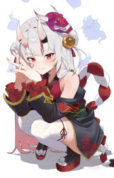 1girl :s absurdres bell black_kimono d4kou16 double_bun dress fingernails frilled_sleeves frills full_body hair_bell hair_bun hair_ornament highres hitodama hololive horns interlocked_fingers japanese_clothes jingle_bell kimono kouhaku_nawa light_blush long_hair long_sleeves looking_at_viewer mask mask_on_head multicolored_hair nakiri_ayame nakiri_ayame_(1st_costume) off-shoulder_dress off_shoulder okobo oni_mask parted_bangs platform_sandals red_eyes red_sandals red_sleeves rope sandals shimenawa shiranui_(nakiri_ayame) skin-covered_horns solo squatting streaked_hair tabi thighhighs v-shaped_eyebrows virtual_youtuber white_background white_hair white_thighhighs