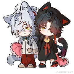 2boys aged_down ahoge animal_ears animal_hood bell black_hair black_slippers blade_(honkai:_star_rail) blue_bow blue_bowtie bow bowtie cat_boy cat_ears cat_hood cat_tail chibi chibi_only closed_mouth earrings full_body gradient_hair grey_hair hair_over_one_eye haoriday highres holding holding_hands holding_pillow honkai:_star_rail honkai_(series) hood hood_up hoodie jewelry jing_yuan jingle_bell kemonomimi_mode long_hair long_sleeves looking_at_viewer male_focus multicolored_hair multiple_boys neck_bell one_eye_covered pajamas pants parted_bangs pillow ponytail red_pants red_ribbon ribbon sample_watermark shirt shoes simple_background slippers slit_pupils smile standing tail tassel watermark weibo_watermark white_background white_hair white_shirt yaoi yellow_eyes